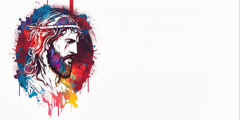 Minimalistic God Jesus on white background. He is risen in easter day concept banner, with God Jesus. Jesus is closer to children in colorful illustrations. Banner with space for text, copy space.
