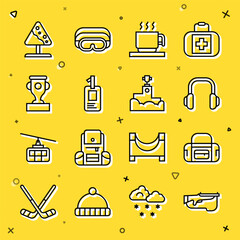 Set line Biathlon rifle, Sport bag, Winter headphones, Hot chocolate cup, Identification badge, Award, Road sign avalanches and winner podium icon. Vector