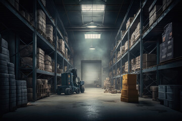 Naklejka na ściany i meble Large warehouse with goods and lifting equipment pr 00x. Generative AI