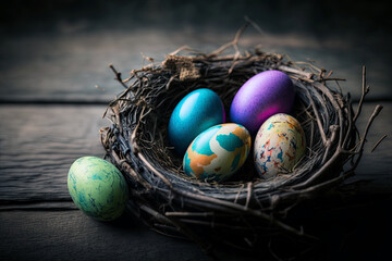 Many colorful easter eggs in the nest on rustic table. Generative AI