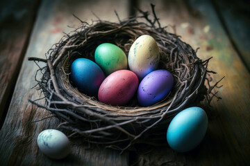 Fototapeta na wymiar Many colorful easter eggs in the nest on rustic table. Generative AI