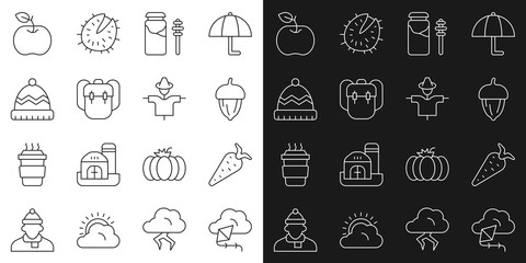 Set line Kite, Carrot, Acorn, Jar of honey and dipper stick, School backpack, Winter hat, Apple and Scarecrow icon. Vector