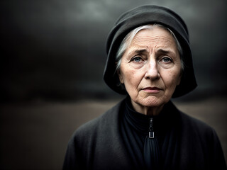 Obraz premium Dramatic portrait of an elderly woman, late autumn landscape as background, dark sky with storm clouds. Generative AI.