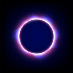 Abstract fantastic background with neon round frame and space portal into another dimension. Energy ring. Vector design.