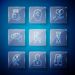 Set line Man graves funeral sorrow, Solution to the problem, Metronome with pendulum, Broken heart divorce, Armchair, Tear cry eye, Sedative pills and Old hourglass icon. Vector