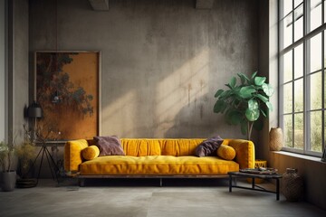 Home interior in colors of the year 2021, yellow sofa near concrete wall in loft interior, 3d render. Generative AI - obrazy, fototapety, plakaty