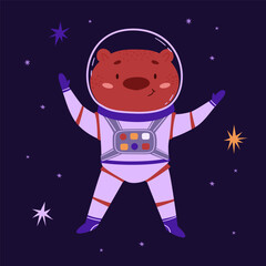 Cute space animal vector illustration. Bear astronaut in outer space, cartoon animal. Little explorer universe. Ideal for kids concepts. International Day of Human Space Flight and Cosmonautics Day