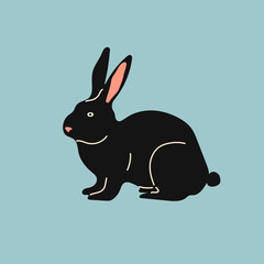 Black rabbit on a blue background. Vector illustration in a minimalist style. Graphic element for design, print, logo