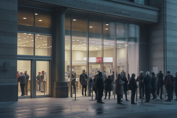 People queuing in front of the bank door - AI Generated