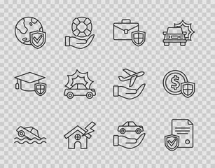 Set line Flood car, Contract with shield, Briefcase, House and lightning, Shield world globe, Car accident, insurance and Money icon. Vector