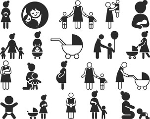 Motherhood icon set, 20 baby care and safety icon set black vector
