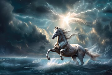 Fototapeta na wymiar beautiful horse running over the stormy sea, generative AI