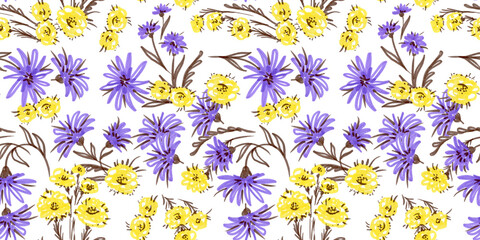 Spring Seamless Pattern. Felt pen Floral elements in doodle style. Markers Violet and yellow cornflower on White background. Wedding patterns