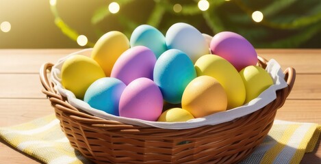 Colorful Easter Eggs in a Basket, Easter Holiday, Easter Decorations, Easter Background