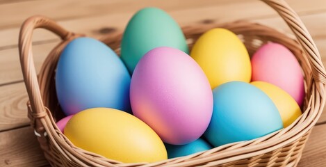 Naklejka premium Colorful Easter Eggs in a Basket, Easter Holiday, Easter Decorations, Easter Background