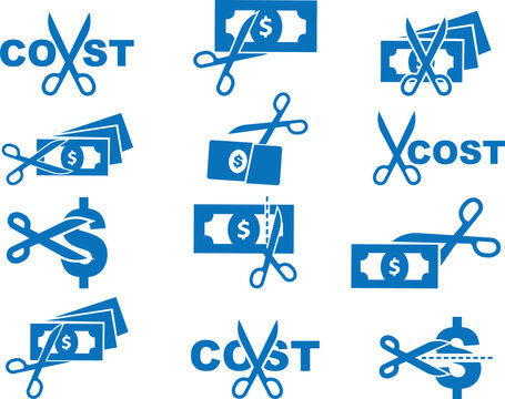 Cost reduce icon set, 12 costs optimisation icon set blue vector