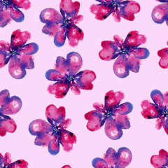 Watercolor Purple Flower, Floral Hand Drawn Seamless Pattern