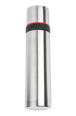Metal thermos close-up, isolated on a white background. Thermos bottle metal on white background isolation. 