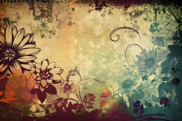 Illustration of grunge-style floral and vine background created with Generative AI technology