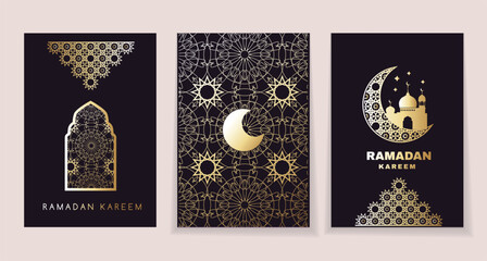 Fototapeta na wymiar Happy Ramadan Kareem set cards Islamic template design with Crescent, mosque, minaret, Ramadan traditions Islamic Holy Month Beautiful round and square patterns Vector vintage art illustration