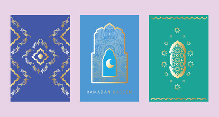 Happy Ramadan Kareem set cards Islamic template design with Crescent, mosque, minaret, Ramadan traditions Islamic Holy Month Beautiful round and square patterns Vector vintage art illustration