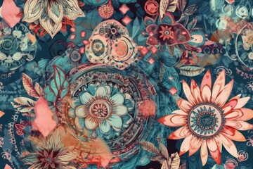 floral painting set against a blue backdrop created with Generative AI technology