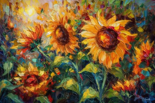 vibrant field of sunflowers in bloom created with Generative AI technology