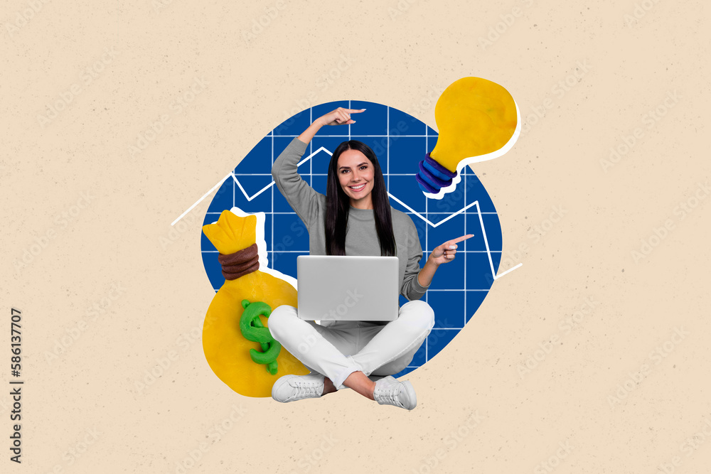Aufkleber Collage 3d pinup pop retro sketch image of happy smiling lady working device pointing lightbulb isolated painting background