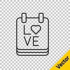 Black line Calendar with February 14 icon isolated on transparent background. Valentines day. Love symbol. Vector