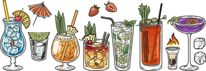 Cocktail set with tequila, blue lagoon and mojito, bloody mary for summer party. Set of cocktails with old fashioned, sangria and mai tai, pina colada for exotic beach bar