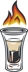 Cocktail glass with beverage. Shot glass b 52 with fire. Vector monochrome illustration of stemware in hand drawn style isolated on white