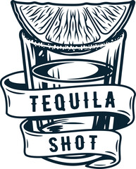 Tequila shot with lime and salt. Alcohol cocktail with ribbon for bar, pab or restaurant. Tropical tequila. Hand drawn illustration to vector isolated on background