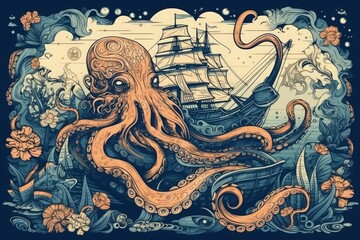 octopus with a ship in the background created with Generative AI technology - obrazy, fototapety, plakaty