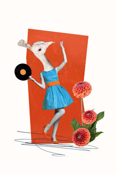 Vertical creative illustration photo collage of funny funky headless girl dancing hand hold vintage record isolated painting background
