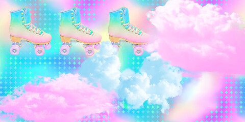 Creative retro collage banner. Roller skates 80s and abstract sky background. Vintage party concept