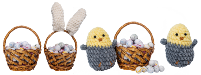 Set of items for Easter. Knitted soft chicken, basket with bright colored chocolate quail eggs isolated on transparent background png. Object for card, packaging, banner, calendar.	