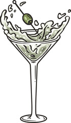 Martini cocktail for beach bar. Transparent alcohol cocktail with splash and olive for bar menu or summer party