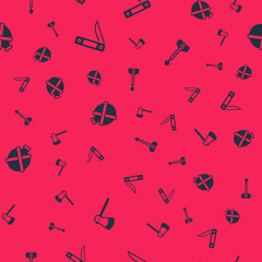 Set Wooden axe, Swiss army knife, Canteen water bottle and Arrow on seamless pattern. Vector