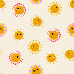 Smiling sun, abstract personage, mascot design, funny face, cute icon.