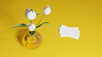 3d render of a business card mockup on a yellow background, next to white tulips in a glass vase. Mockup of paper business cards in 3d, beautiful composition for design presentation. For web design.