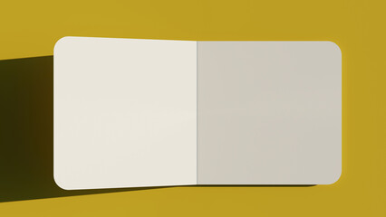 3d render mockup of an open square postcard on a yellow background. Mockup of a paper menu,...
