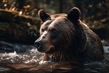 Naklejka na ściany i meble A bear in a stream. Generative AI