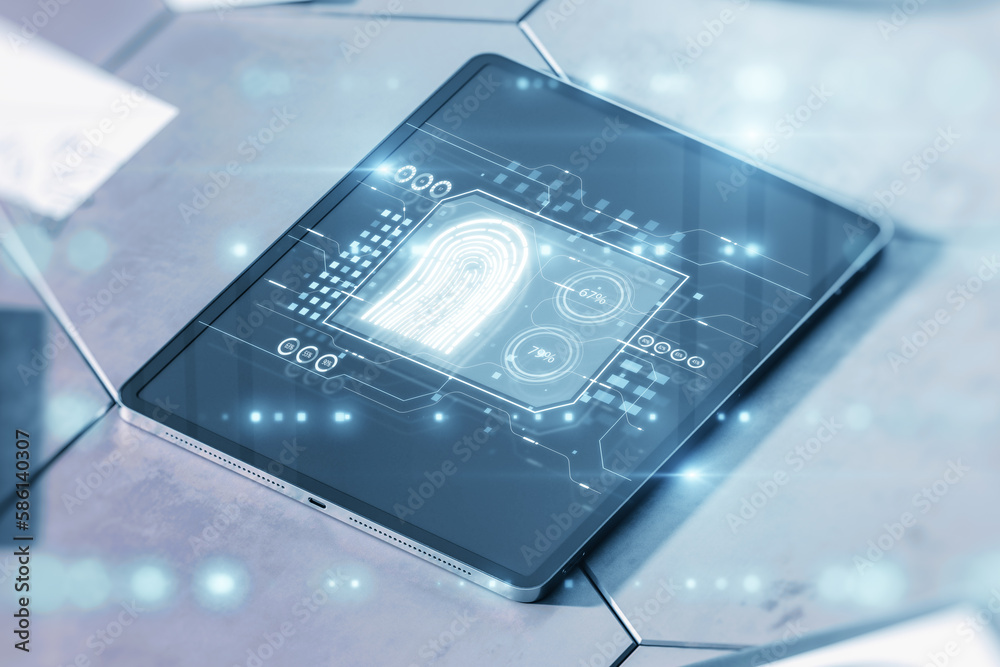 Poster close up of tablet on desktop with creative fingerprint hologram on blurry background. concept of fi