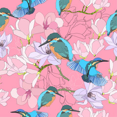 Seamless pattern birds and flowers on a pale pink background