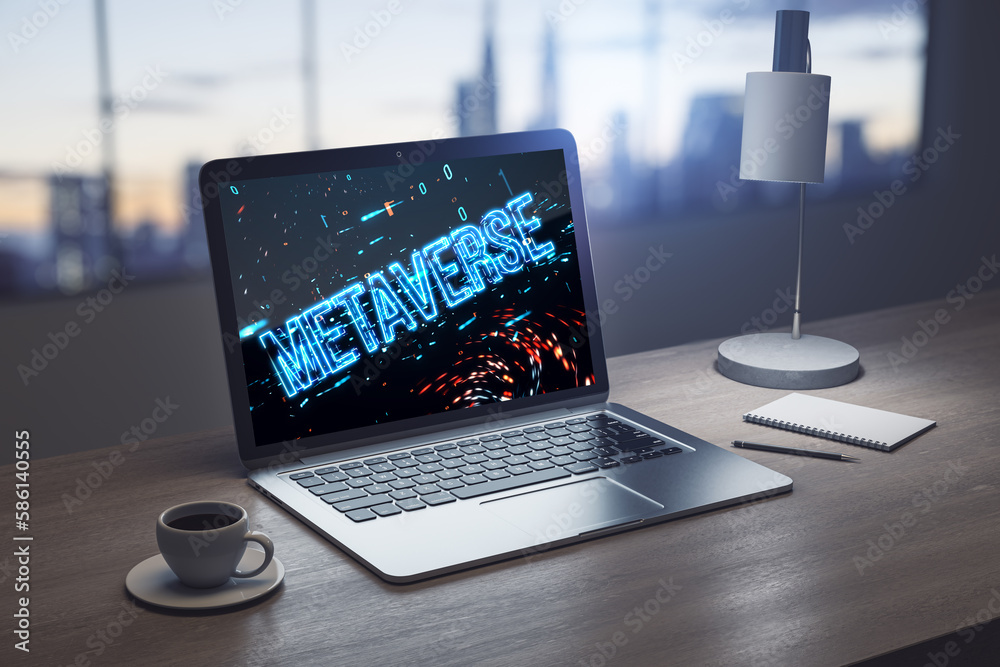 Poster Close up of laptop on desktop with coffee cup, notepad and glowing metaverse text on blurry window with city view background. Digital world and future concept. 3D Rendering.