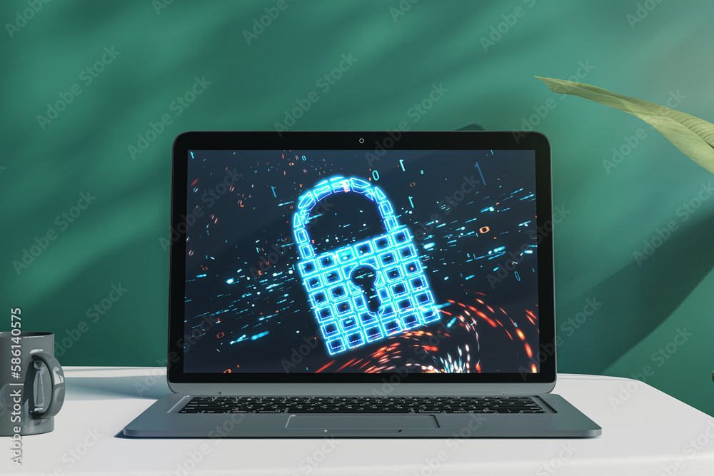 Poster close up of laptop with safety padlock icon on screen and on blurry blackboard background. desktop w