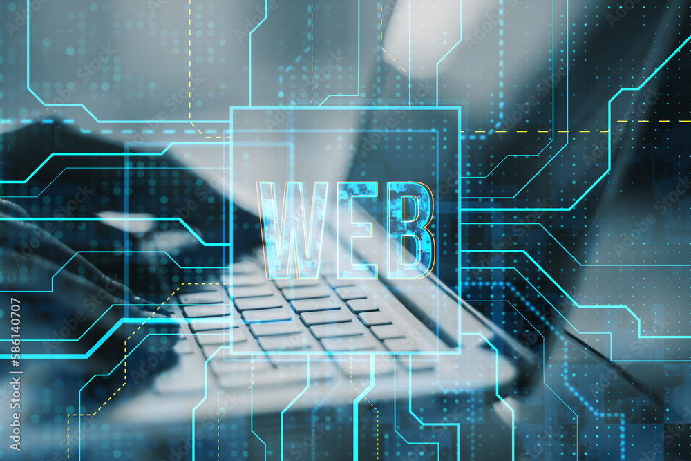 Poster Close up of hands using laptop keyboard at workplace with glowing linear web text hologram on blurry background. Digital nft, technology and future concept. Double exposure.