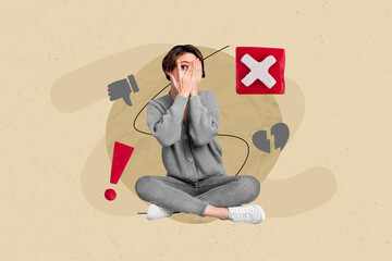 Picture photo collage artwork image sketch poster of worried nervous girl sitting avoiding society...