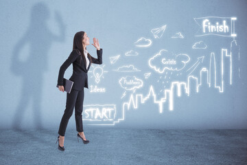 Attractive young european woman looking into the distance and standing on concrete wall background with creative business sketch. Success, marketing, future and idea concept.