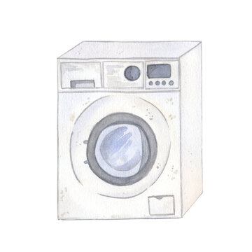 Watercolor illustration of a washing machine, isolate on a white background. washing, cleanliness, order, cleaning. Suitable for packaging, postcards, business cards, logos and other things.